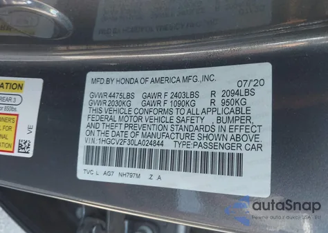 2020 Honda Accord Sport 2.0T from USA, damaged, VIN 1HGCV2F30LA024844